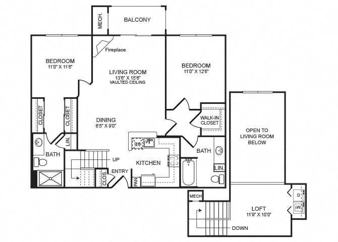 Floor plan for 2 beds, 2 baths, 1244 sqft
